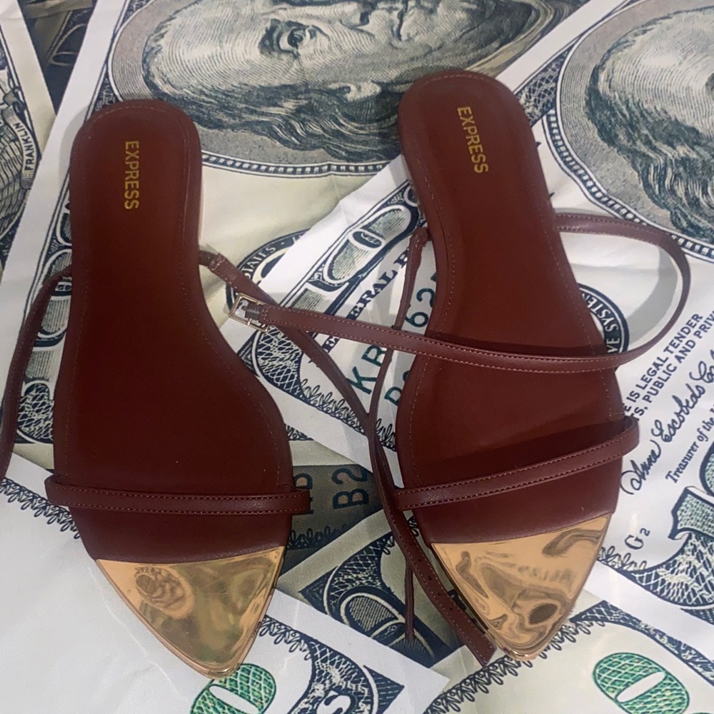 Express Burgundy Leather Slide Sandals with Gold Toe Accent